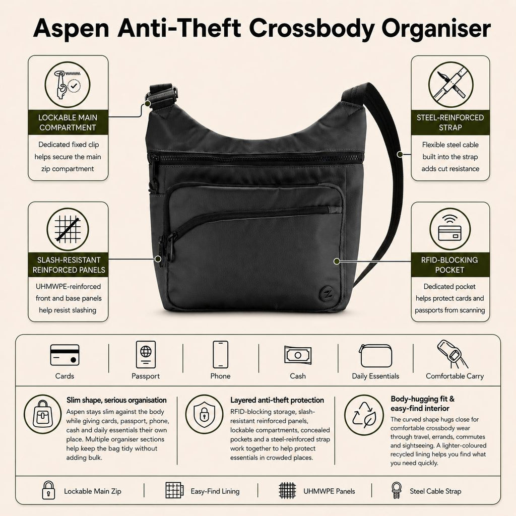 Zoomlite Aspen Anti-Theft Crossbody Organiser - Black