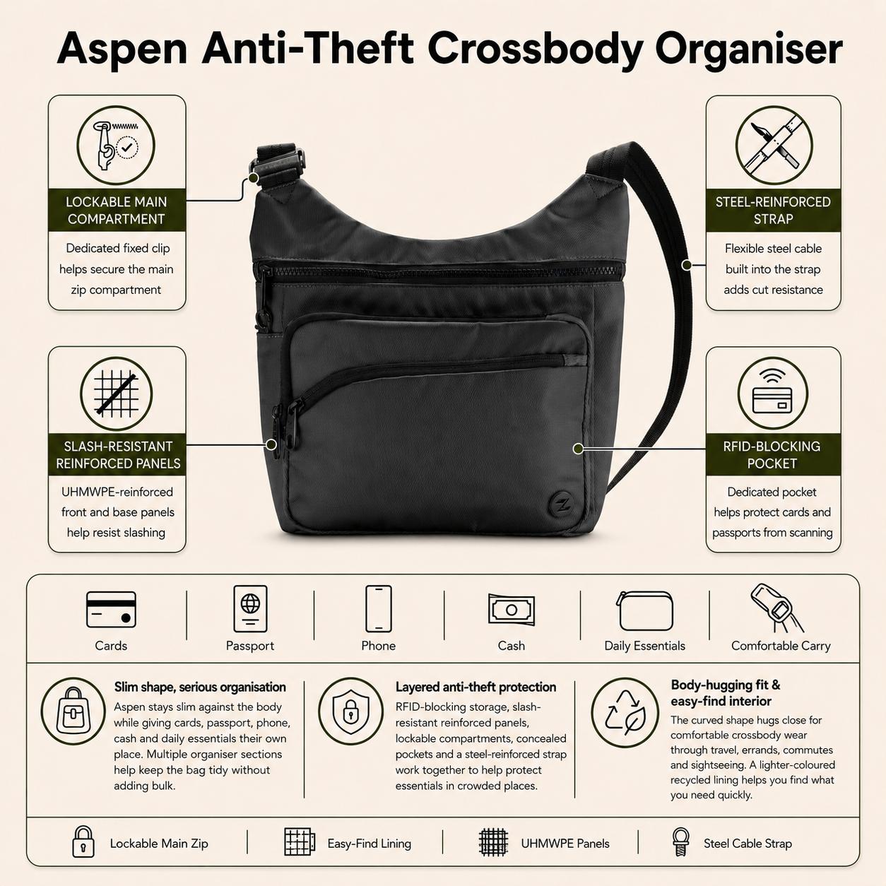 Zoomlite Aspen Anti-Theft Crossbody Organiser - Black