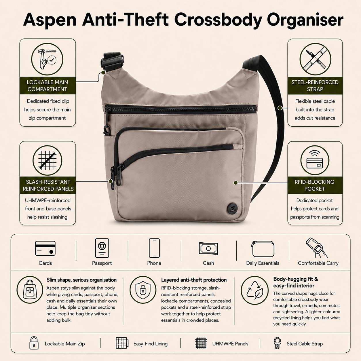 Zoomlite Aspen Anti-Theft Crossbody Organiser - Pebble