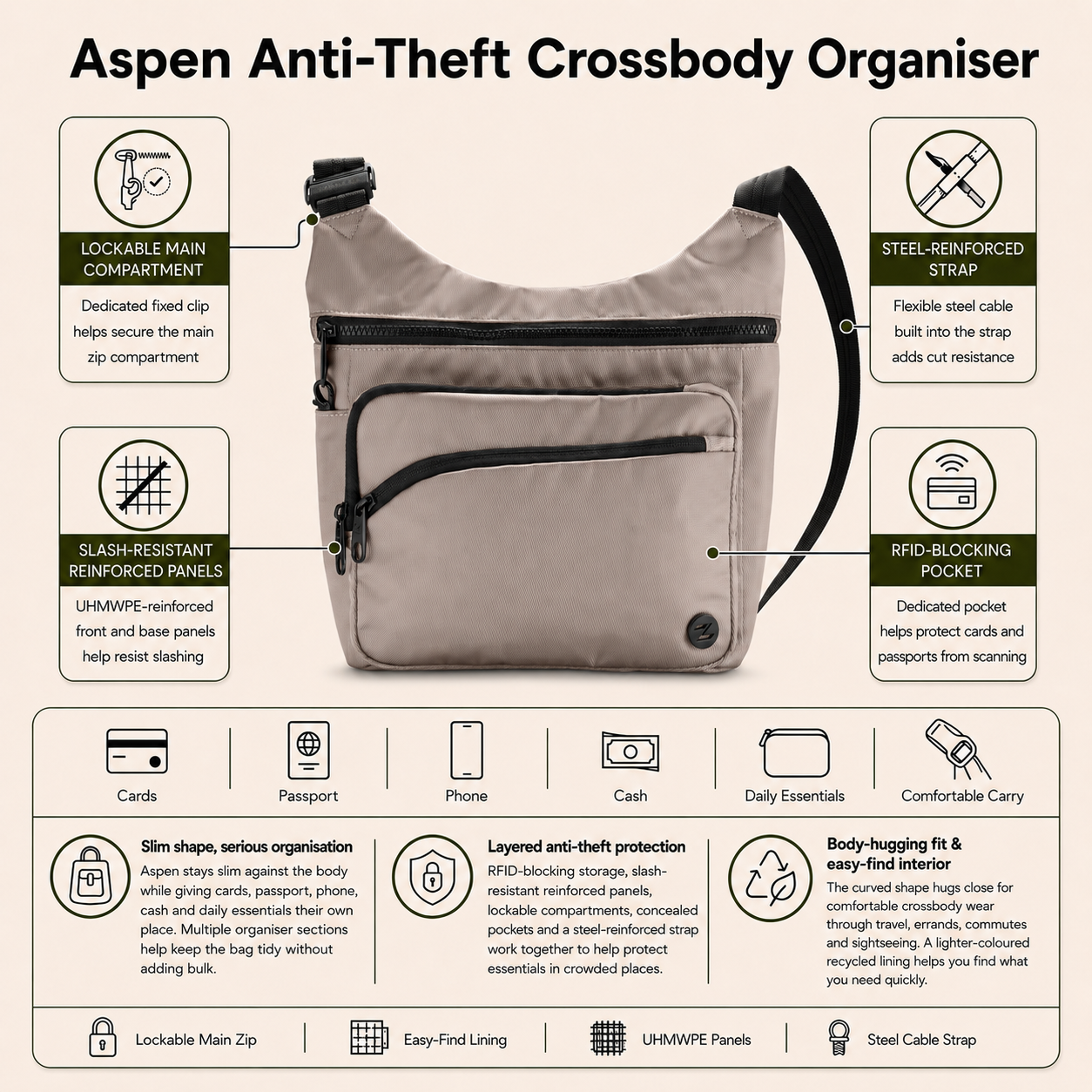 Zoomlite Aspen Anti-Theft Crossbody Organiser - Pebble
