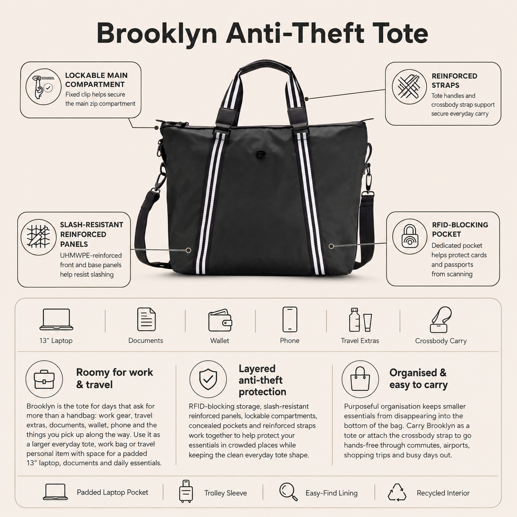 Zoomlite Brooklyn Anti-Theft Tote - Black