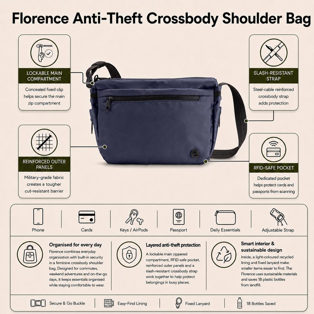 Zoomlite Florence Anti-Theft Crossbody Shoulder Bag - Navy