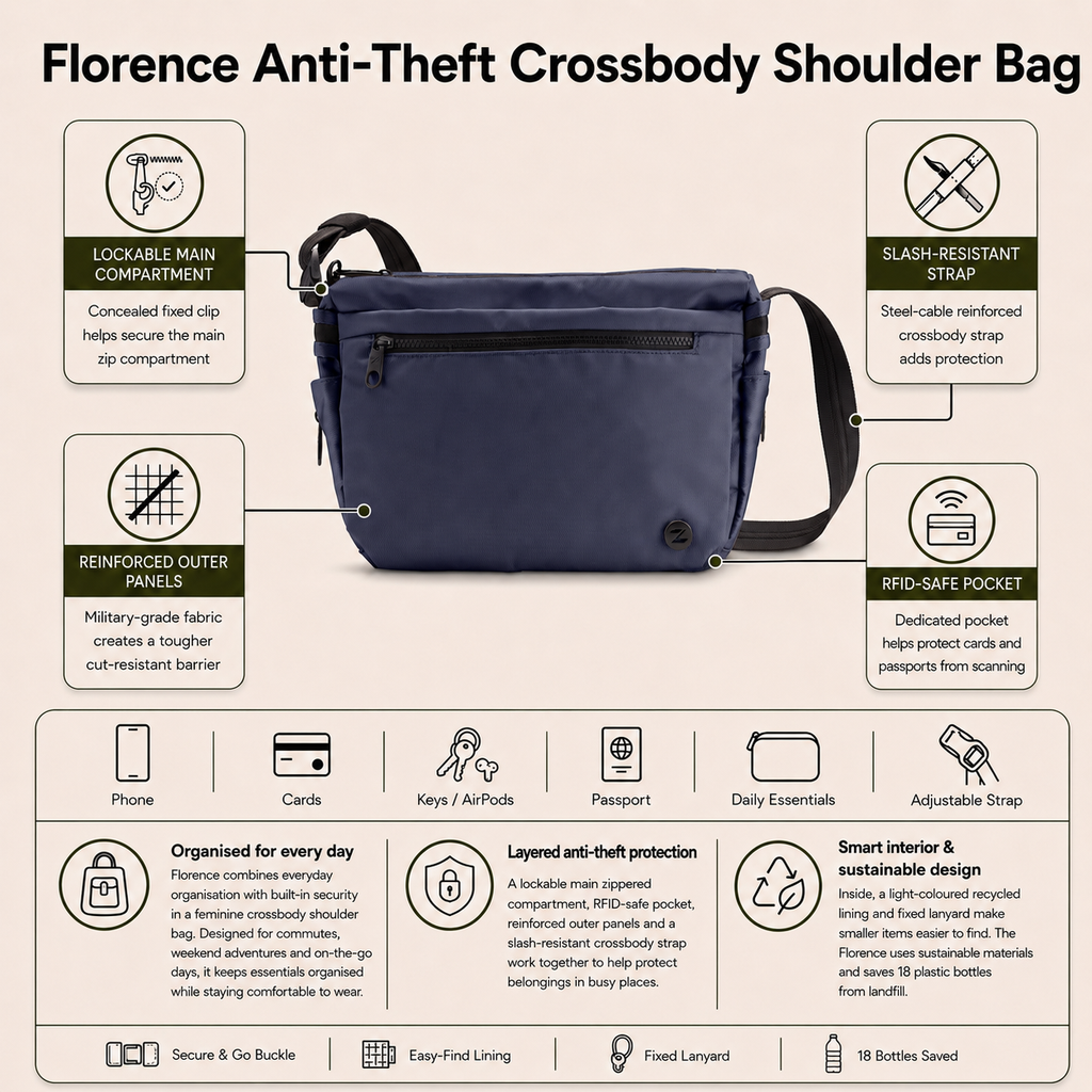 Zoomlite Florence Anti-Theft Crossbody Shoulder Bag - Navy