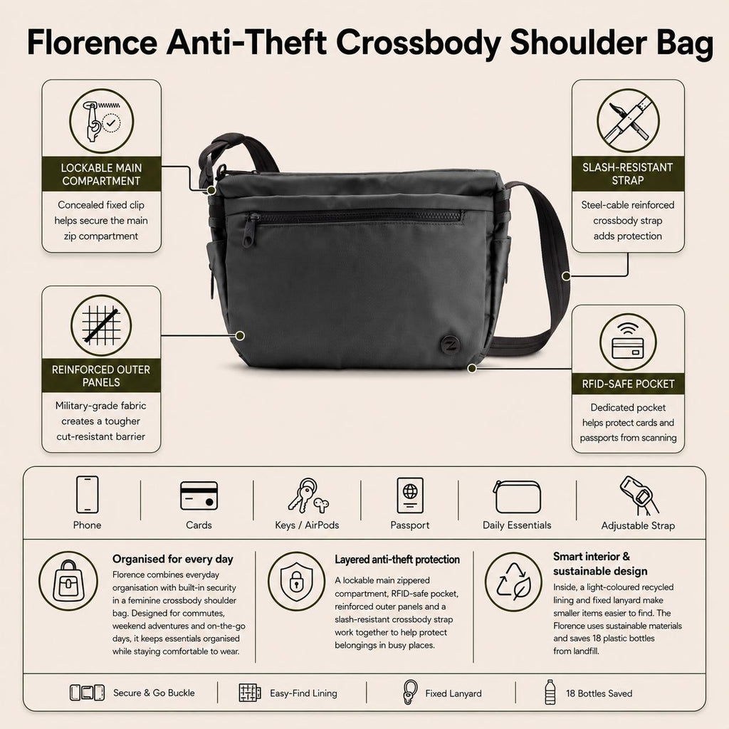 Zoomlite Florence Anti-Theft Crossbody Shoulder Bag - Black