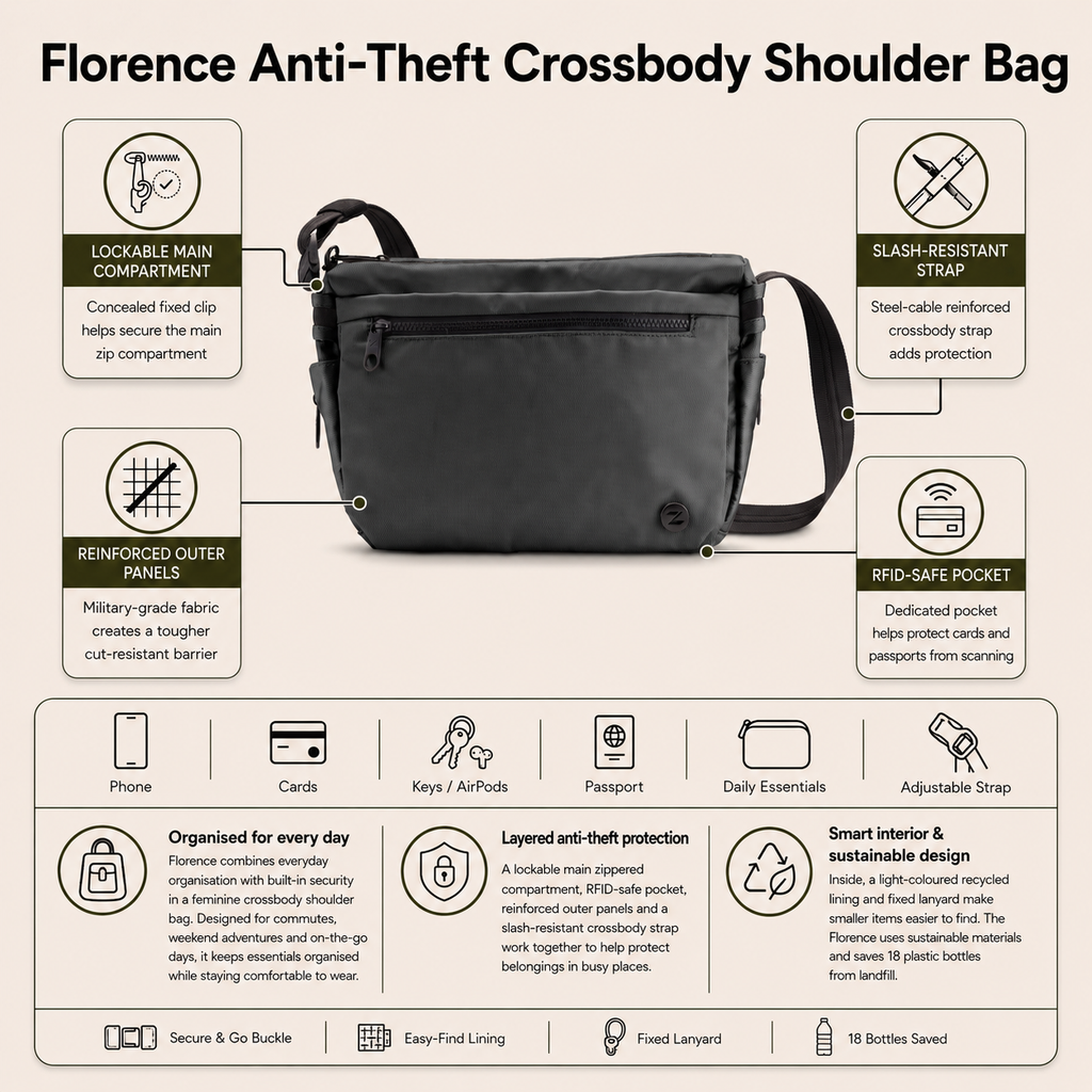 Zoomlite Florence Anti-Theft Crossbody Shoulder Bag - Black