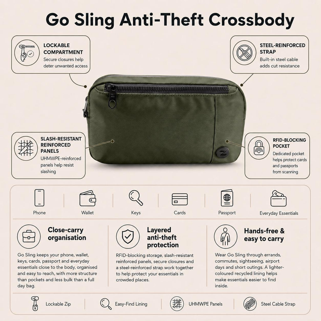 Zoomlite Go Sling Anti-Theft Crossbody - Olive