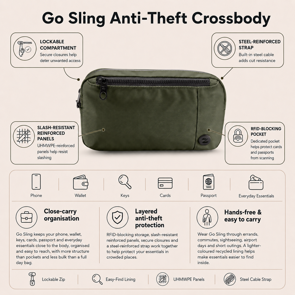 Zoomlite Go Sling Anti-Theft Crossbody - Olive