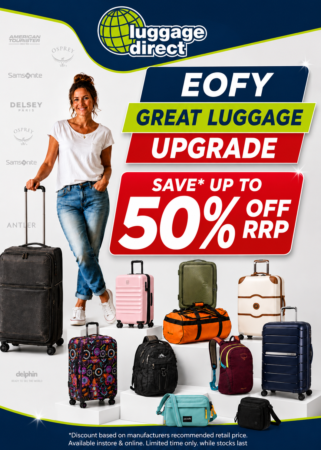 Smiling woman with dark hair stands next to a black suitcase, surrounded by colorful luggage from various brands.
