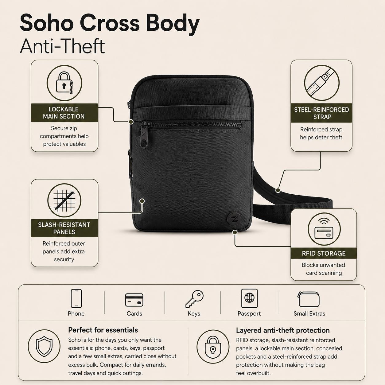 Zoomlite Soho Anti-Theft Crossbody - Small - Black