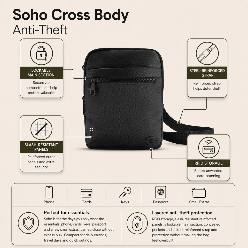 Zoomlite Soho Anti-Theft Crossbody - Small - Black