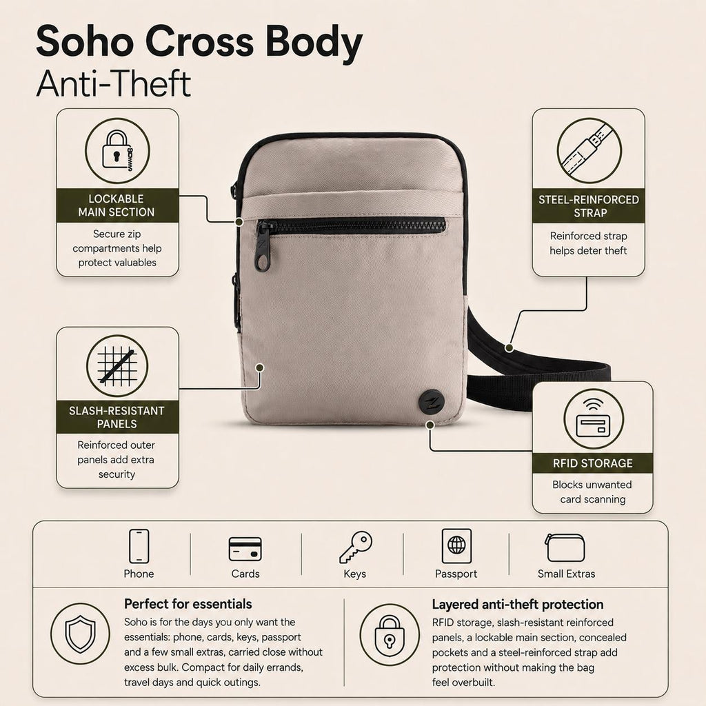 Zoomlite Soho Anti-Theft Crossbody - Small - Pebble