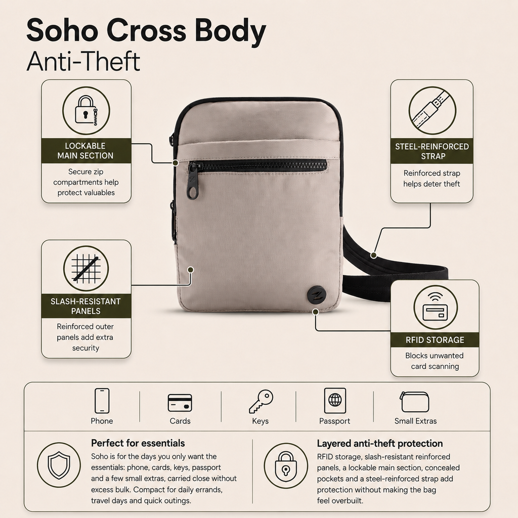 Zoomlite Soho Anti-Theft Crossbody - Small - Pebble