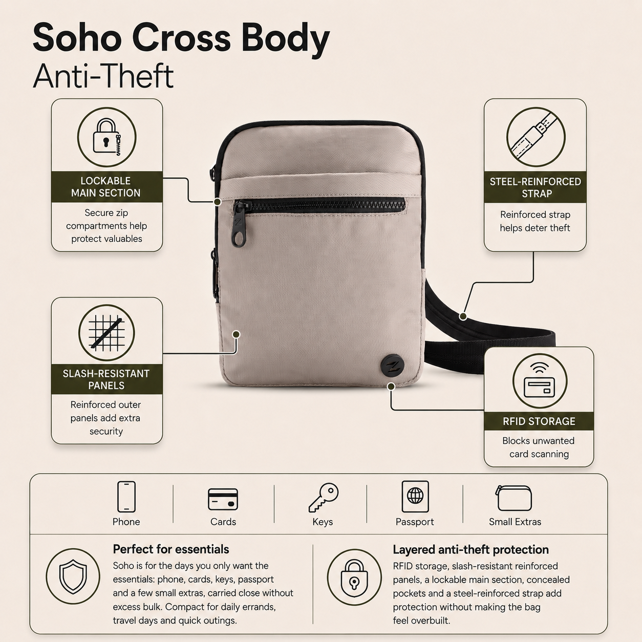 Zoomlite Soho Anti-Theft Crossbody - Small - Pebble