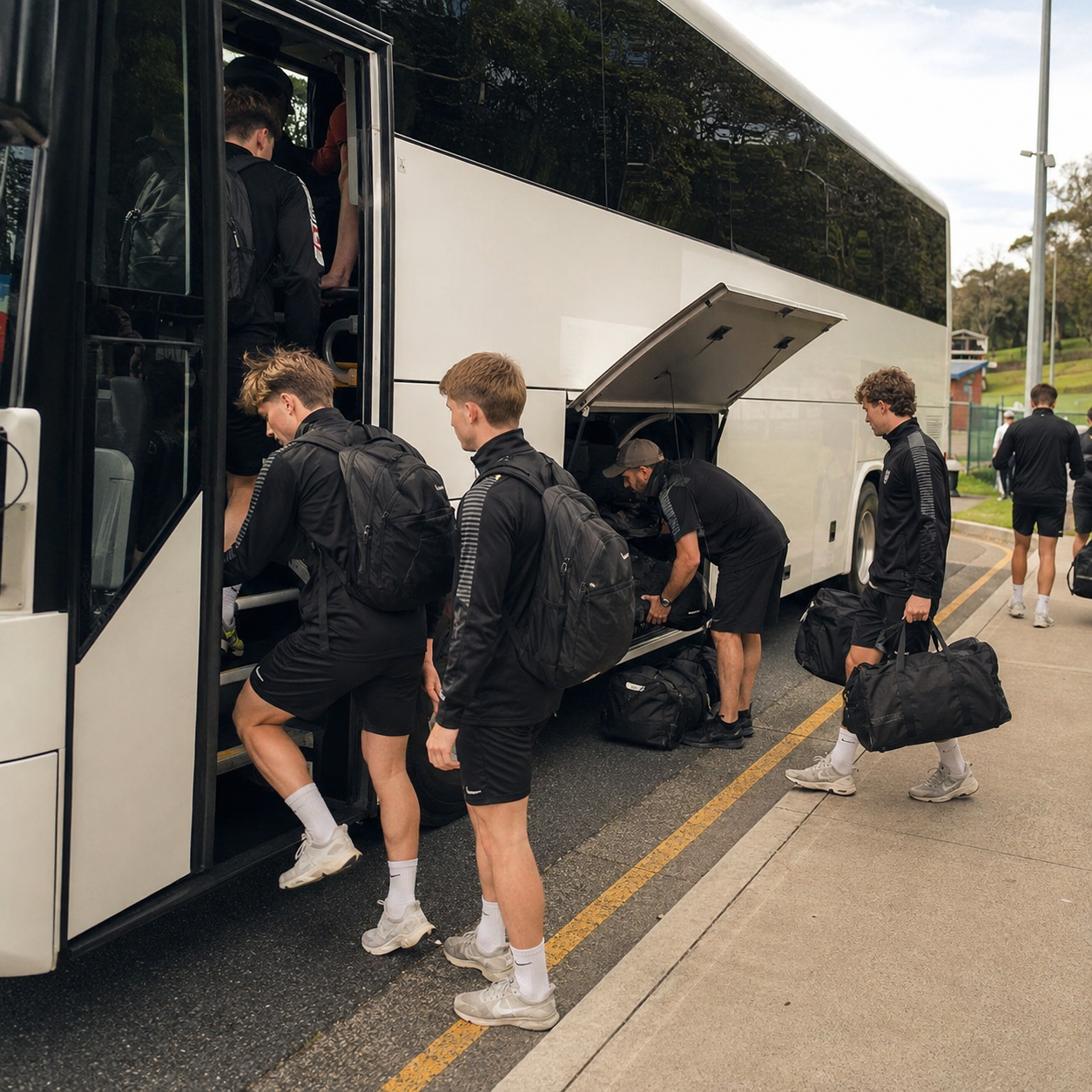 Athletes in black uniforms with backpacks board a white team bus, while others load gear into luggage compartments.