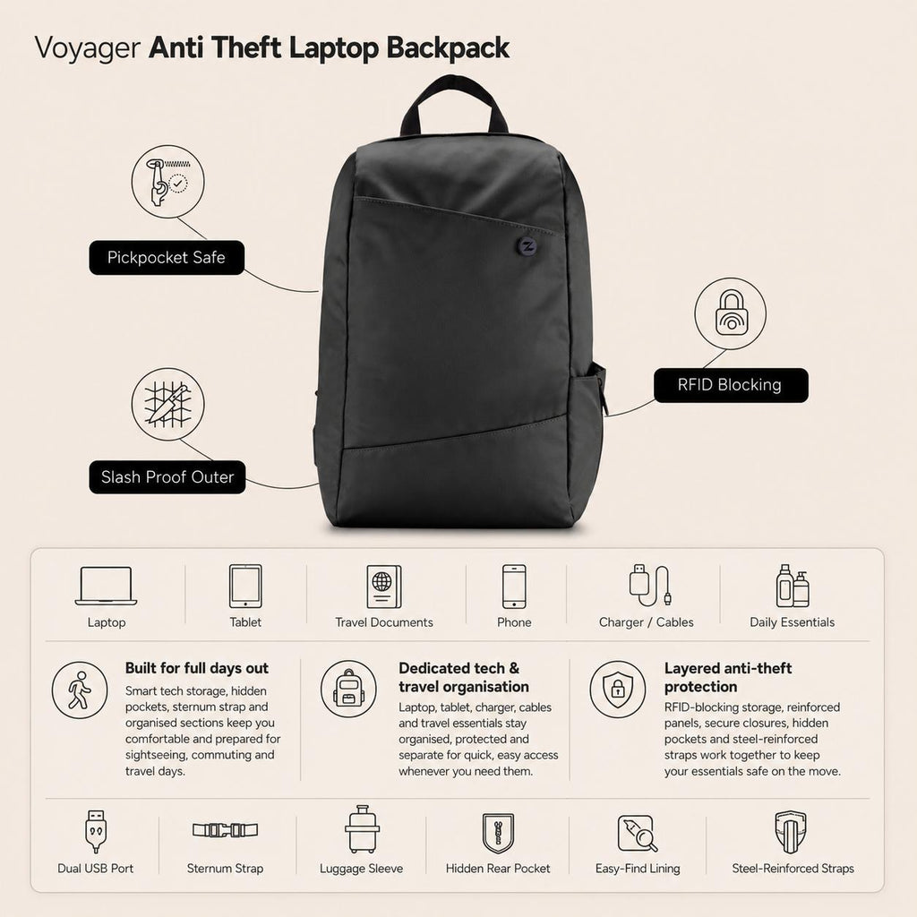 Zoomlite Voyager Anti Theft Laptop Backpack - Black