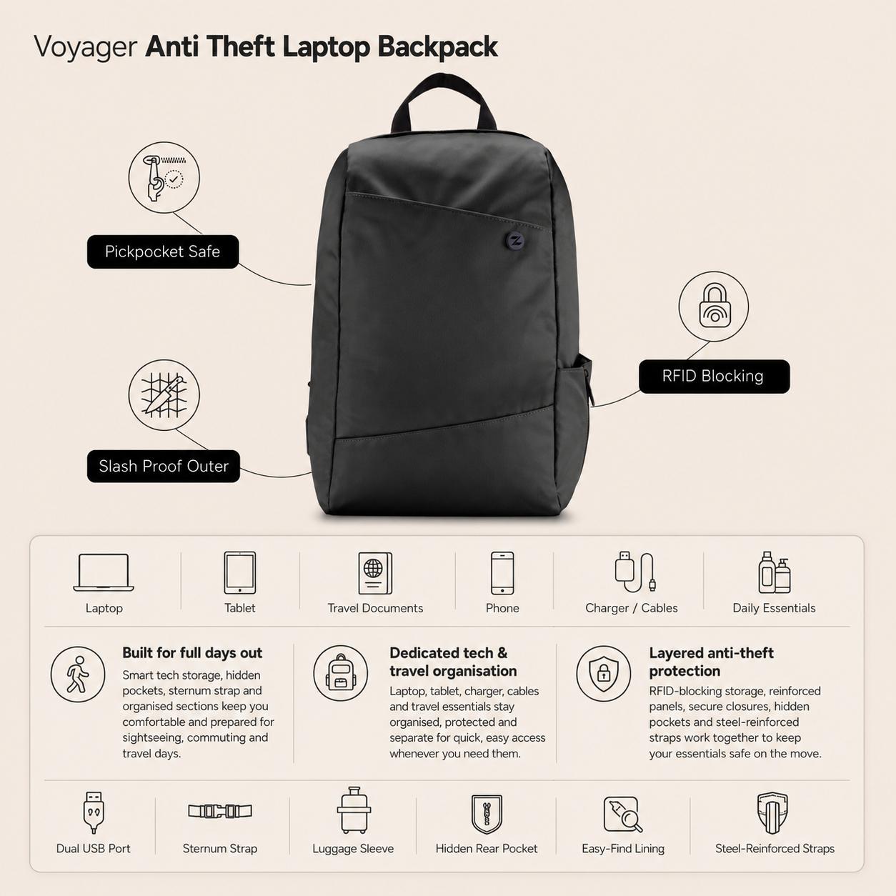 Zoomlite Voyager Anti Theft Laptop Backpack - Black