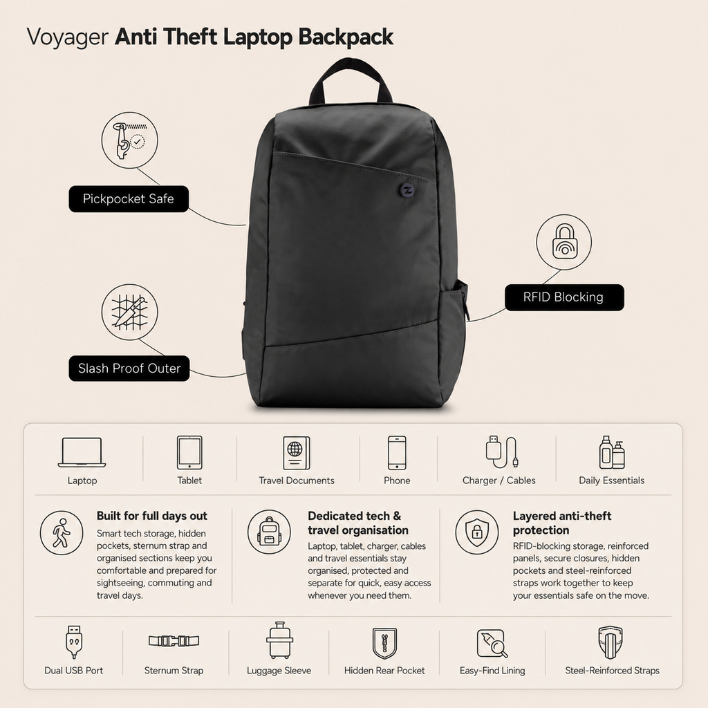 Zoomlite Voyager Anti Theft Laptop Backpack - Black