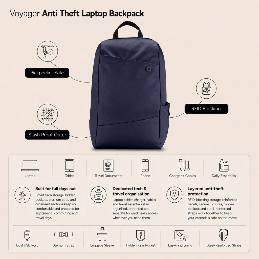 Zoomlite Voyager Anti Theft Laptop Backpack - Navy