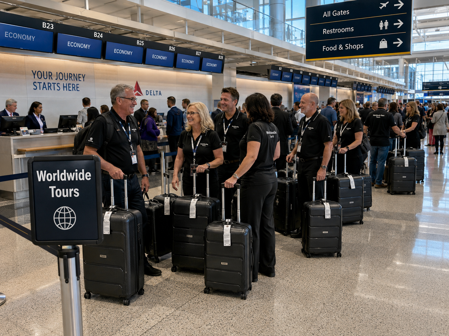 Group of travelers with black luggage and matching shirts at an airport check-in counter.