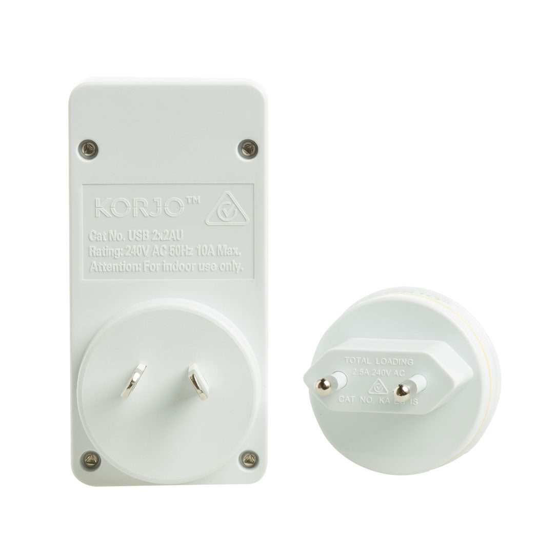 Korjo Travel Adaptor Plug with 2 x USB - Aus to Italy / Switzerland