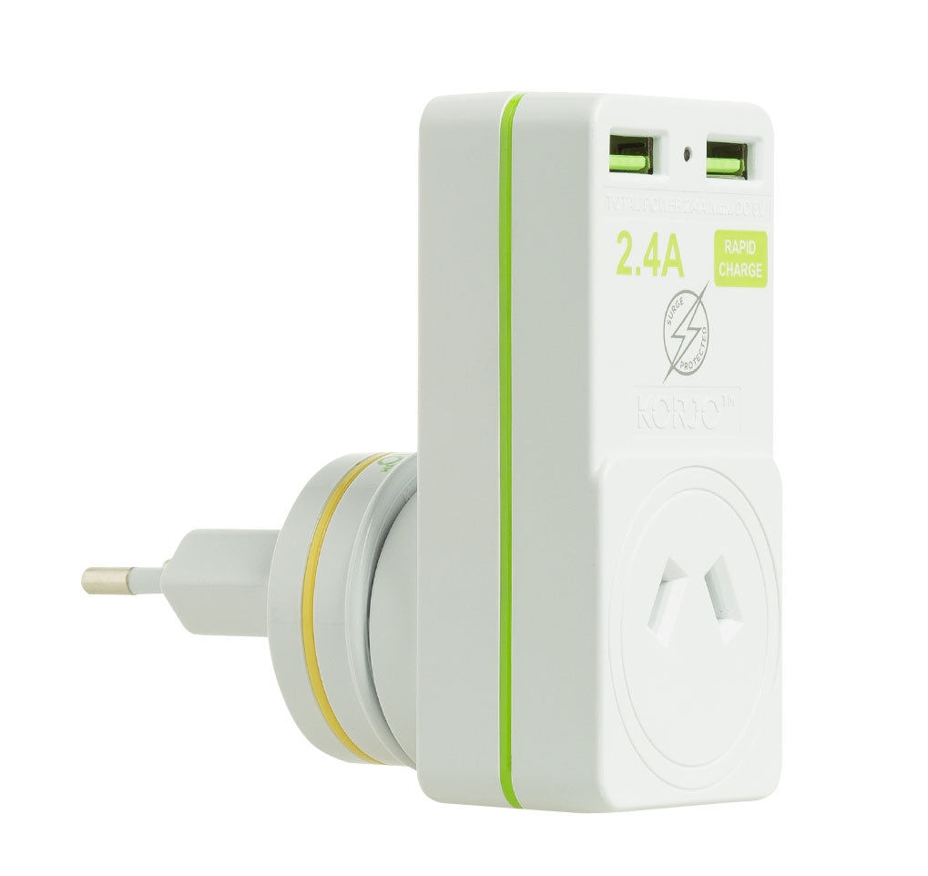 Korjo Travel Adaptor Plug with 2 x USB - Aus to Italy / Switzerland