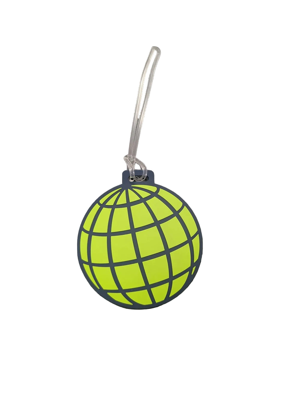 A lime green globe-shaped ornament with a black grid pattern and a silver hanging loop, shown against a solid black background.