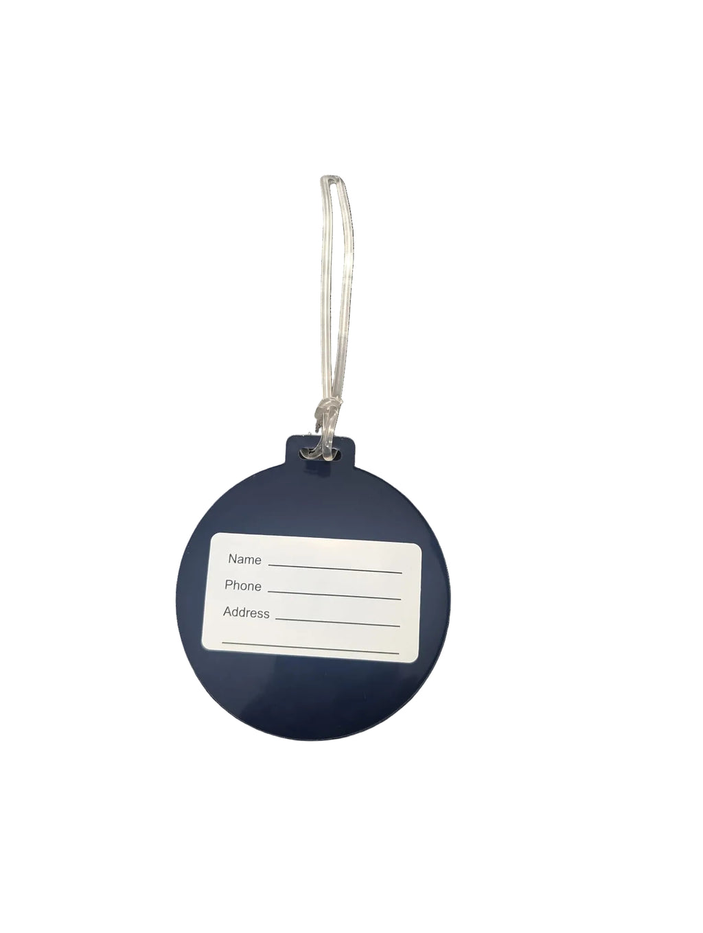 A round dark blue luggage tag with a white paper label that reads 'Name Phone Address' and a white hanging loop, shown against a solid black background.