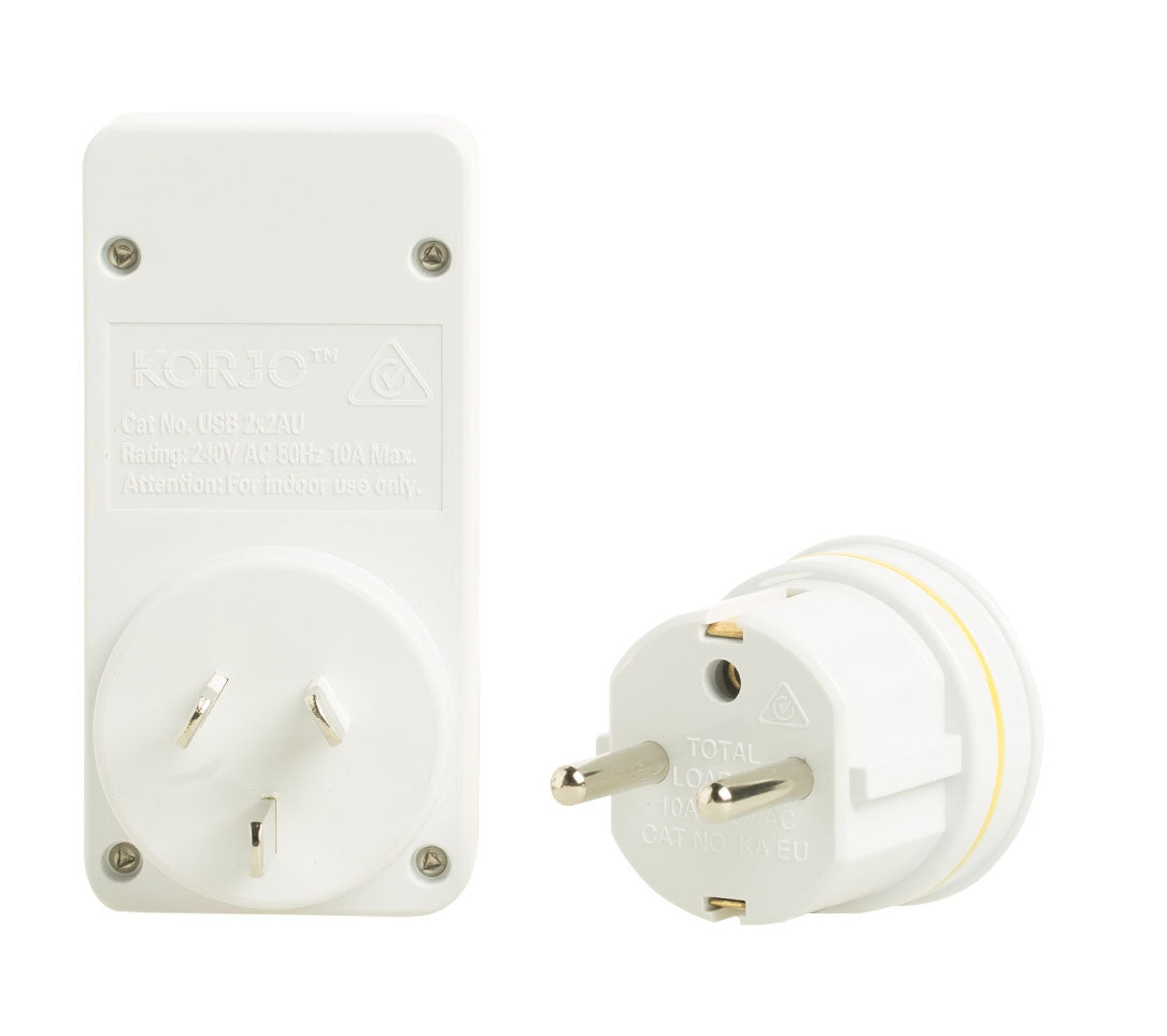 Korjo Travel Adaptor Plug with 2 x USB - Aus to Europe