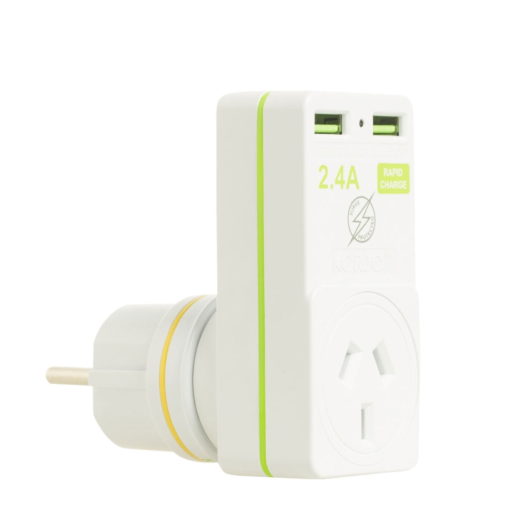 Korjo Travel Adaptor Plug with 2 x USB - Aus to Europe