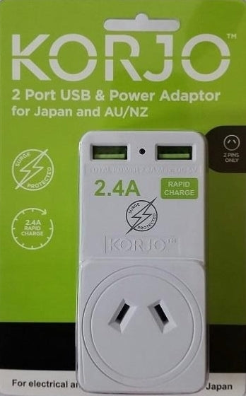 Korjo Travel Adaptor Plug with 2 x USB - Aus to Japan