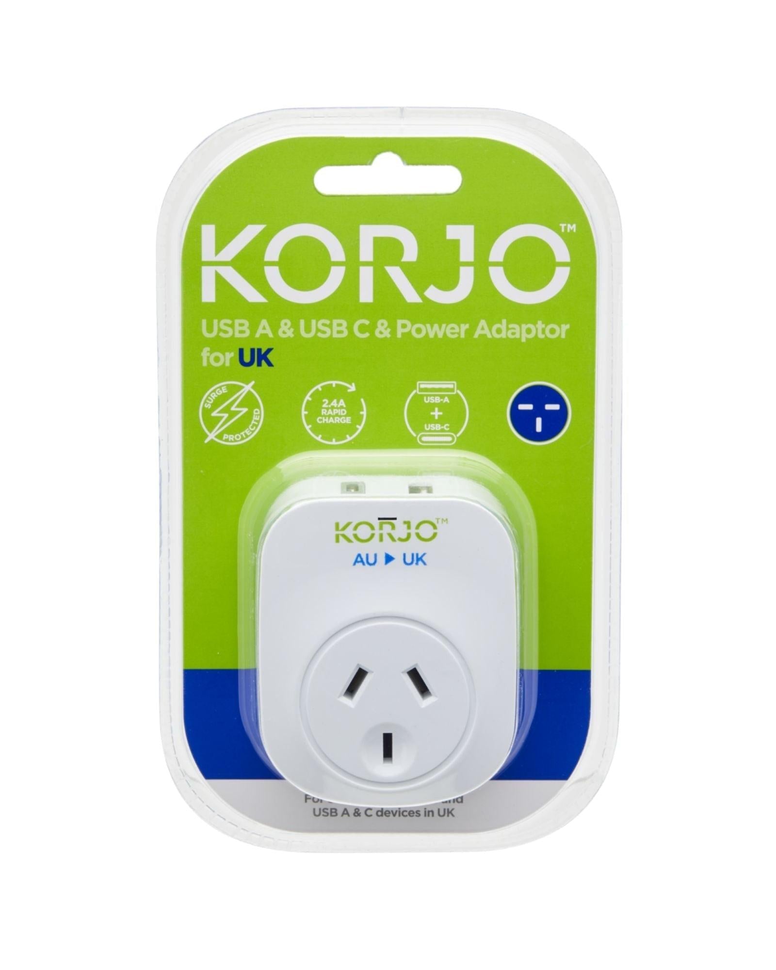 Korjo Travel Adaptor Plug with USB-C + USB-A - Aus to UK Image 5