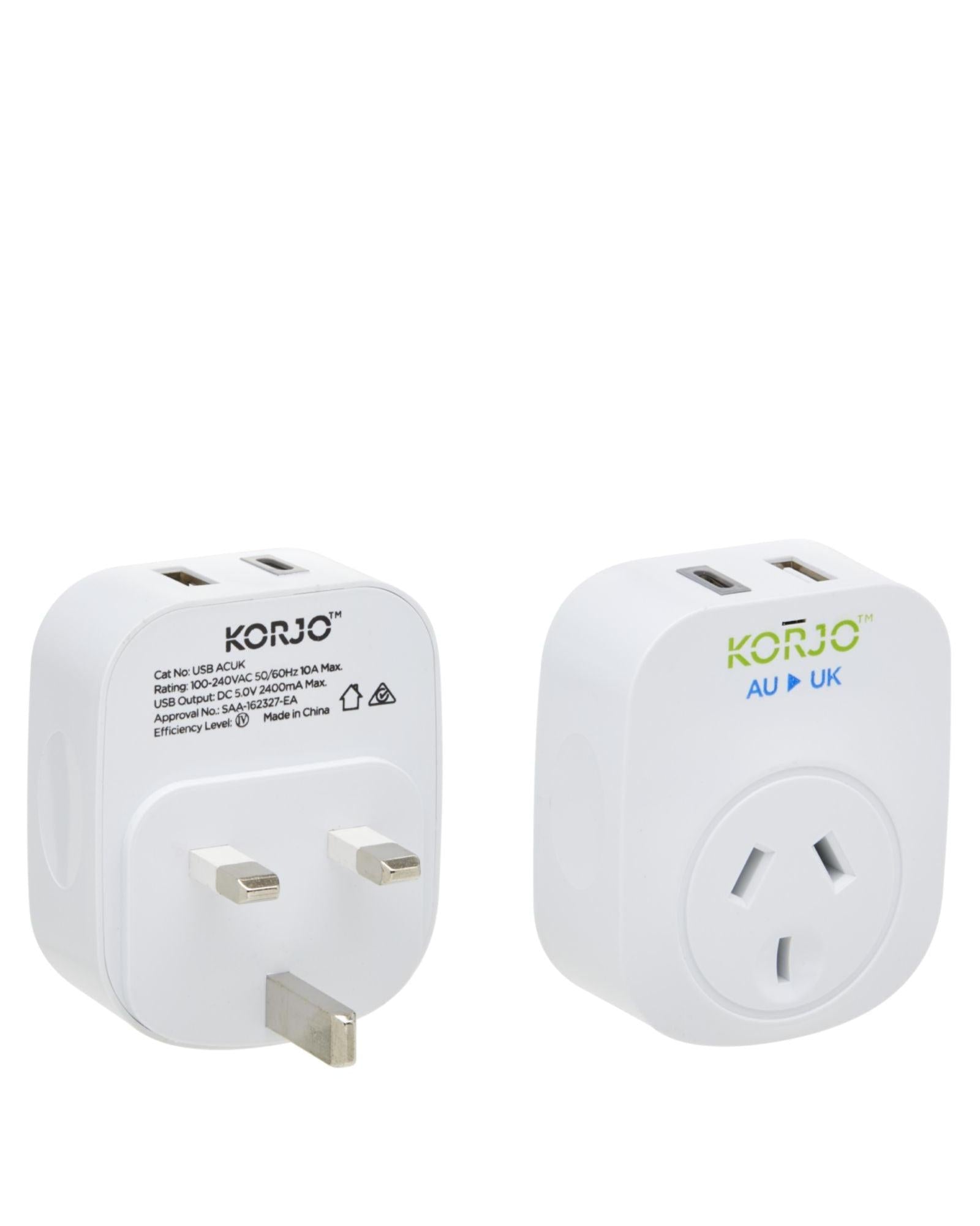 Korjo Travel Adaptor Plug with USB-C + USB-A - Aus to UK Image 4