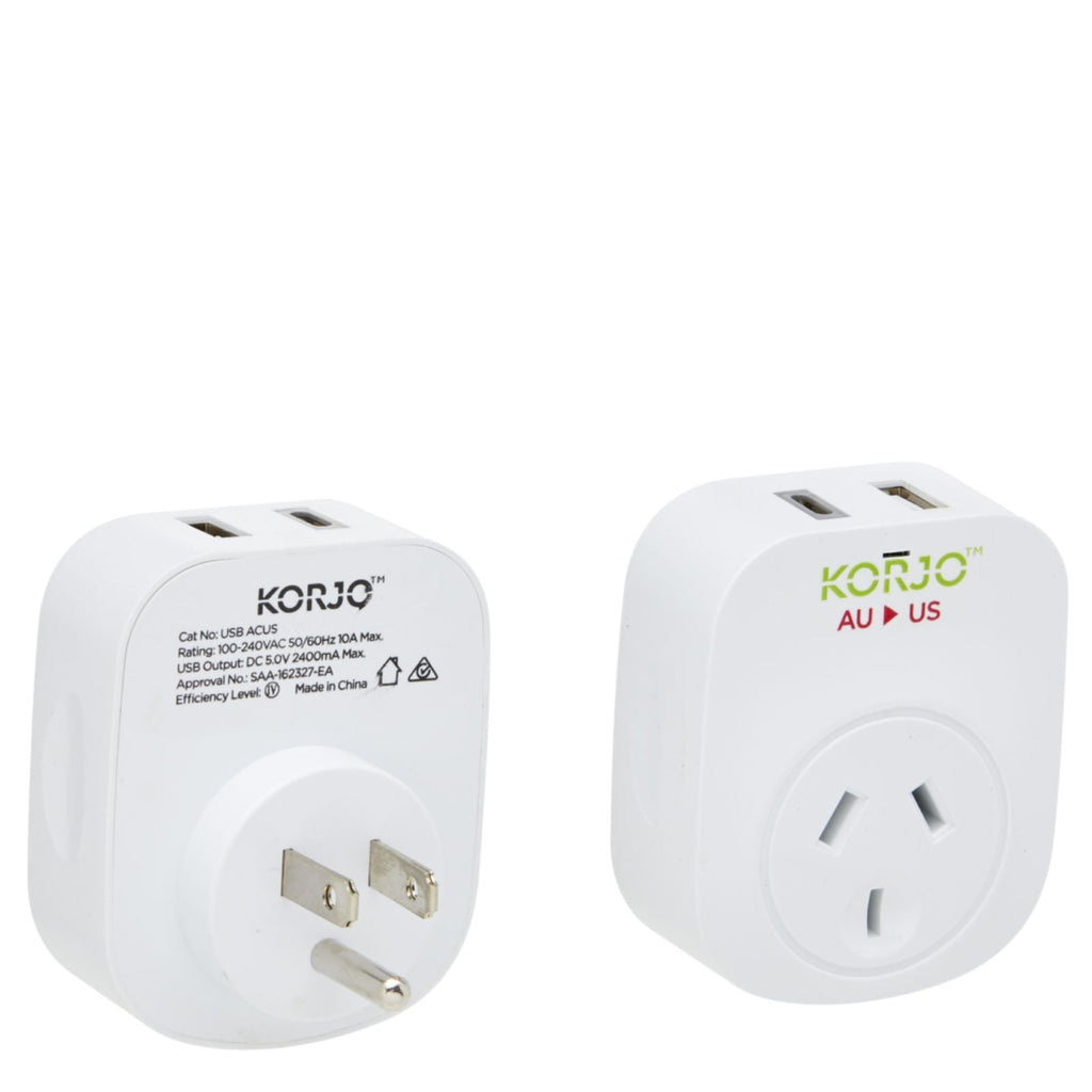 Korjo Travel Adaptor Plug with USB-C + USB-A - Aus to USA