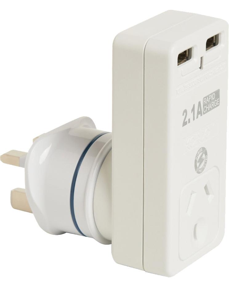Korjo Travel Adaptor Plug with 2 x USB - Aus to UK Image 1