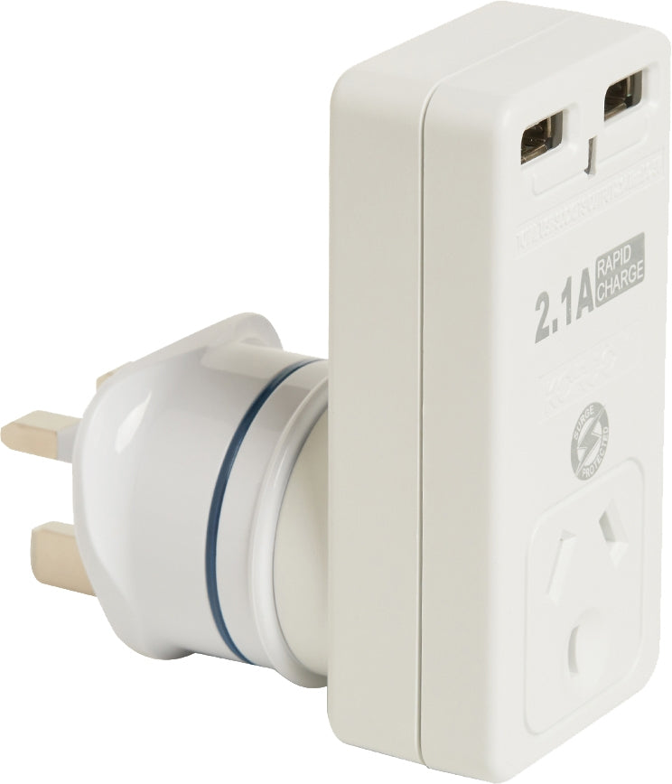 Korjo Travel Adaptor Plug with 2 x USB - Aus to UK