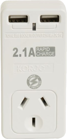Korjo Travel Adaptor Plug with 2 x USB - Aus to UK