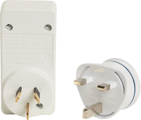 Korjo Travel Adaptor Plug with 2 x USB - Aus to UK