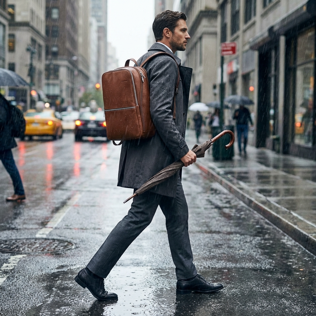 Samsonite Classic Leather Business Slim Laptop Backpack - 17L - Cognac Back Image 9