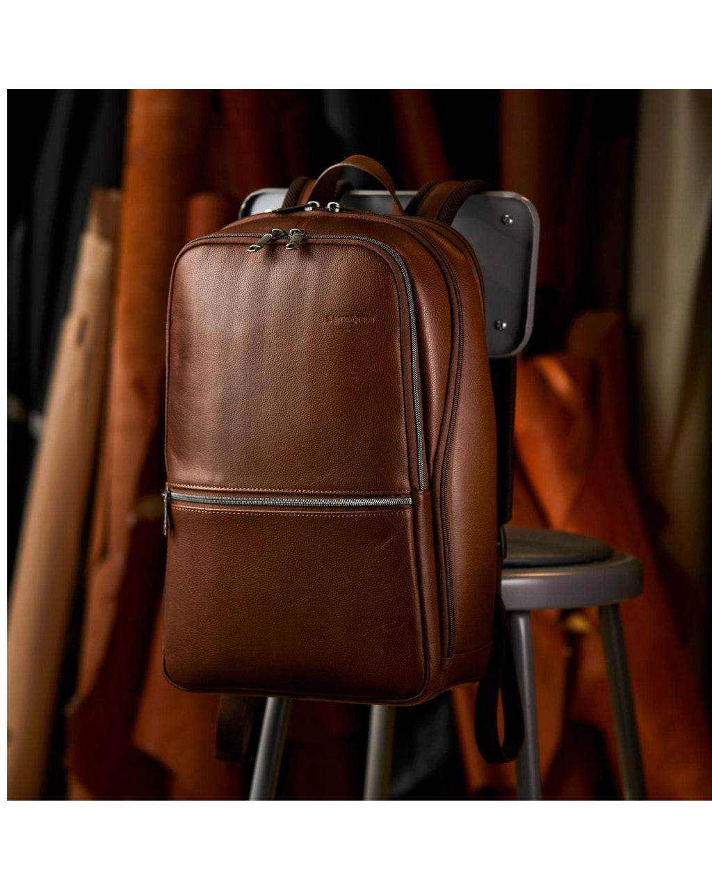 Samsonite Classic Leather Business Slim Laptop Backpack - 17L - Cognac Back Image 8
