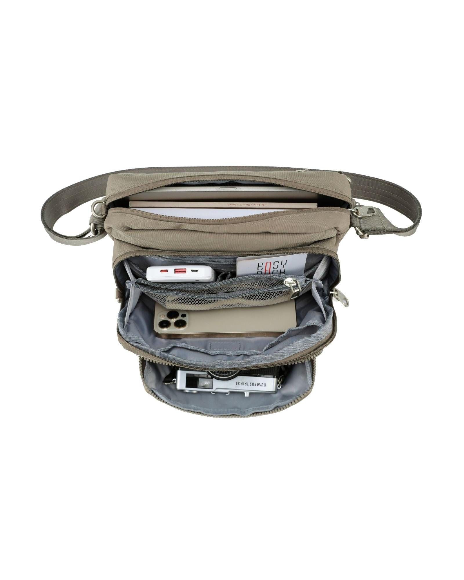Tosca Anti-Theft Shoulder Bag with Triple Front Pockets - Taupe Interior Image 3